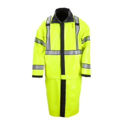 Reversible High-Visibility Rain Coat - The New Long Reversible High Vis Rain Coat is a fully waterproof  seam sealed long coat that is reversible to an ANSI Class III. Featuring a full snap front and pass through pockets for quick access to a duty belt  mic loops  and easy bottom coat removable to parka length.