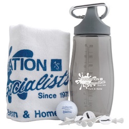 Golf On The Go Kit - The Golf On the Go Kit includes one Callaway Warbird 2.0 golf ball, one white 15" x 18" golf towel with eight 2 3/4" tip tees & four ball markers in a 32 oz. water bottle with a carabiner clip. (1 color imprint only on bottles.) 
