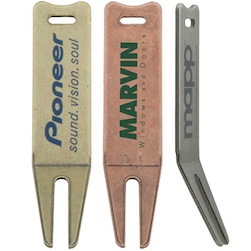 Bent Divot Tool - The bent divot tools feature grooved top of the tool can also be used as a club rest. Bent divot tools are available in brass, copper and nickel. 