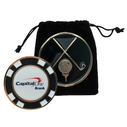 Metal Poker Chip Ball Marker - 1 1/2" solid metal ball marker with the look of your own personalized poker chip. Rich enamel color fill and polished highlight. Comes with a velvet pouch.