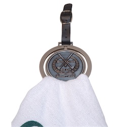 Bag Tag Towel Holder - Metal die struck bag tag that holds a golf towel.