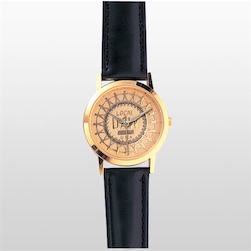 Gold Watch with Etched Medallion Face & Black Padded Leather Band