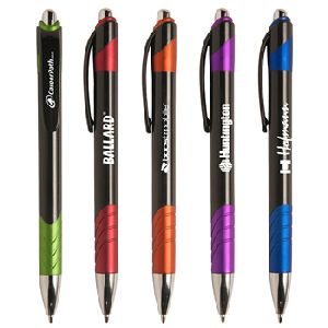 Auburn BGC Pen - &#8226; Modern retractable ballpoint pen with sleek grip<br>

&#8226; Black metallic barrel with chrome ferrule & plunger<br>

&#8226;Matte metallic colored grip & accents<br>

&#8226; Black medium point<br> 

&#8226; High-Quality <b><i>Glide-Write&#153;</b></i> Ink