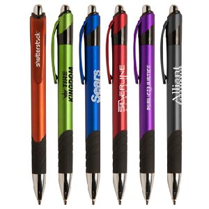 Auburn MGC Pen - Modern retractable ballpoint pen with sleek rubber grip; Matte metallic barrel with chrome ferrule & plunger; Black colored rubber grip & accents; Black medium point; High-Quality Glide-WriteTM Ink