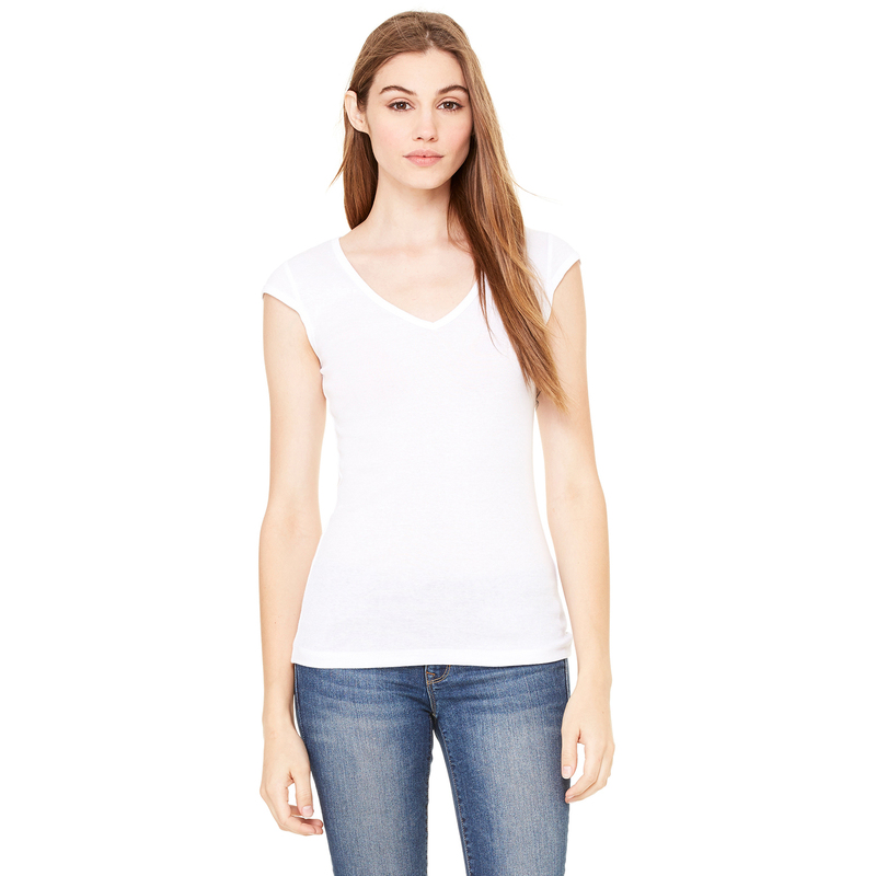 Ladies' Sheer Mini Rib Cap-Sleeve Deep V-Neck T-Shirt