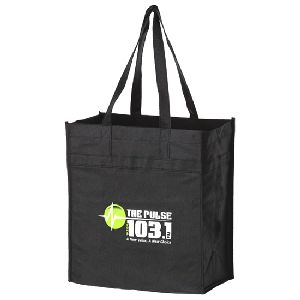 Heavy Duty Non Woven Grocery Bag with Poly Board Insert  - Screen Print - 22" HANDLE GROCERY BAG BLACK