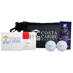 Ditty Bag Kit - The Ditty Bag Kit includes 2 Callaway Warbird 2.0 golf balls, full color matchbook tee holder (printed on both sides) with 4- 2/3 blank Evolution tees, a Pik divot tool and an imprinted plastic ball marker, a 1/4 oz. SPF 30 Sunscreen. All packaged in a 7" x 5" nylon zipper pouch with a clip. 