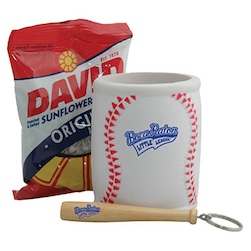 Baseball Fan Cooler Kit - Includes a bag of sunflower seeds and wood baseball bat key chain packaged into a baseball sport can cooler