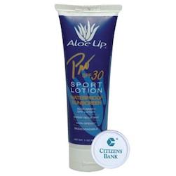 Aloe Up SPF 30 Sport Lotion - 1 oz SPF 30 waterproof sunscreen. The aloe based dry lotion is sweat resistant and non-greasy. Available with a printed label on the cap (SPF30L) or without a label on the cap (SPF30). 