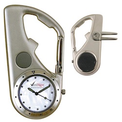 Carabiner Clip watch with bottle opener and divot tool