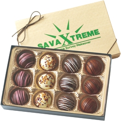 BT12 Filled Truffle Gift Box - Select from 6 different box configurations and price points designed to fit every budget. Choose 2 truffle flavors (5 to choose from) and imprint the box with your foil stamped logo.