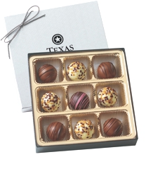 BT9 Filled Truffle Gift Box - Select from 6 different box configurations and price points designed to fit every budget. Choose 2 truffle flavors (5 to choose from) and imprint the box with your foil stamped logo.