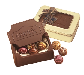 Chocolate Box w/ Chocolate Shapes - These gift boxes are molded entirely of creamy milk or dark chocolate and filled with your choice of truffles or chocolate shapes.