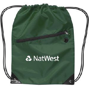 Nylon Drawstring Backpack w/Zipper - Backpack is constructed of 210D Nylon with a black adjustable

drawstring closure, front zippered compartment, earbud port,

and black reinforced triangle corners with metal grommets