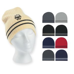 Ribbed Knit Beanie With Double Stripe (Embroidered)