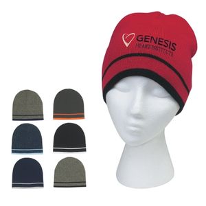 Knit Beanie With Double Stripe (Embroidered)