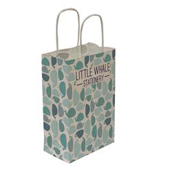 Kraft Shopper Full-Bleed 5.5"w x 8.25"h x 3.25"d - Natural upscale look at a giveaway priceMade of recyclable kraft material sealed together with chlorine free water-based adhesiveHigh quality twisted handle bagsMade in the USANo over/under runsPlate Charge $150.00(g) per color/Maximum 3 ColorsWe cannot guarantee Graphic alignment across any seam. Copy within 1/4" of bag edges may bleed over edge Seam Locations: One Vertical Side SeamQuantity 5,000 bags ship in 20 boxes 250 bags per box Each box dimension: 14 x 13 x 21 Each box Shipping Weight: 12.5 lbs (we