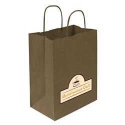 Kraft Shopper Full-Color Transfer 8"w x 10.25"h x 4.75"d (1-Sided) - Natural upscale look at a giveaway priceMade of recyclable kraft material sealed together with chlorine free water-based adhesiveHigh quality twisted handle bagsMade in the USA