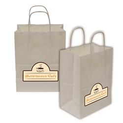 Kraft Shopper Full-Color Transfer 8"w x 10.25"h x 4.75"d (2-Sided) - Natural upscale look at a giveaway priceMade of recyclable kraft material sealed together with chlorine free water-based adhesiveHigh quality twisted handle bagsMade in the USA