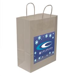 Kraft Shopper Full-Color Transfer 10"w x 13"h x 5"d (1-Sided) - Natural upscale look at a giveaway priceMade of recyclable kraft material sealed together with chlorine free water-based adhesiveHigh quality twisted handle bagsMade in the USA
